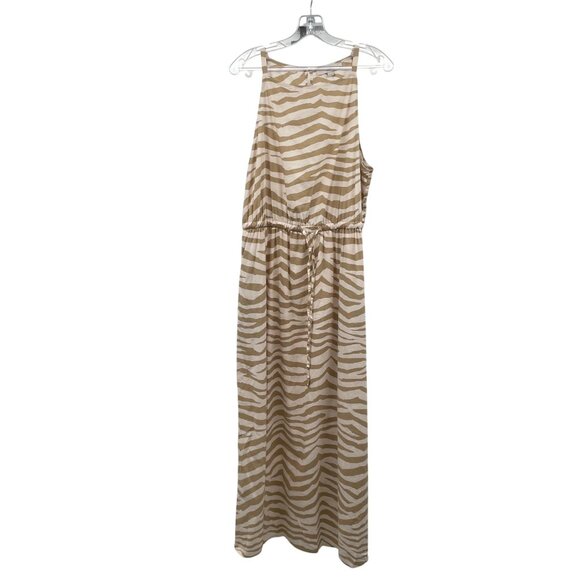 Loft Womens Maxi A-Line Dress Belted Sleeeveless Tan/Cream Print Size XL Pockets - Picture 1 of 9